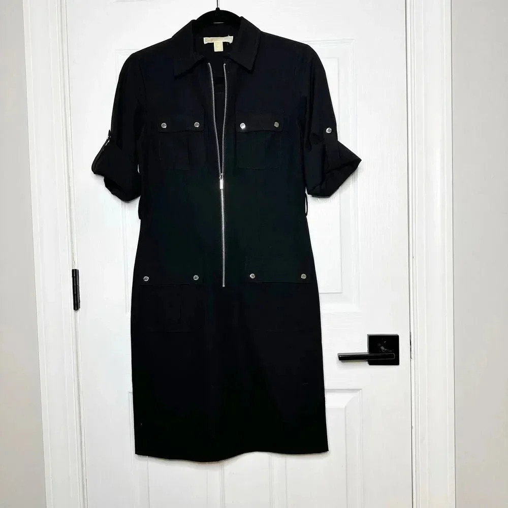 MICHAEL KORS Womens Size‎ XS Black Zip Front Dress Collared Workwear